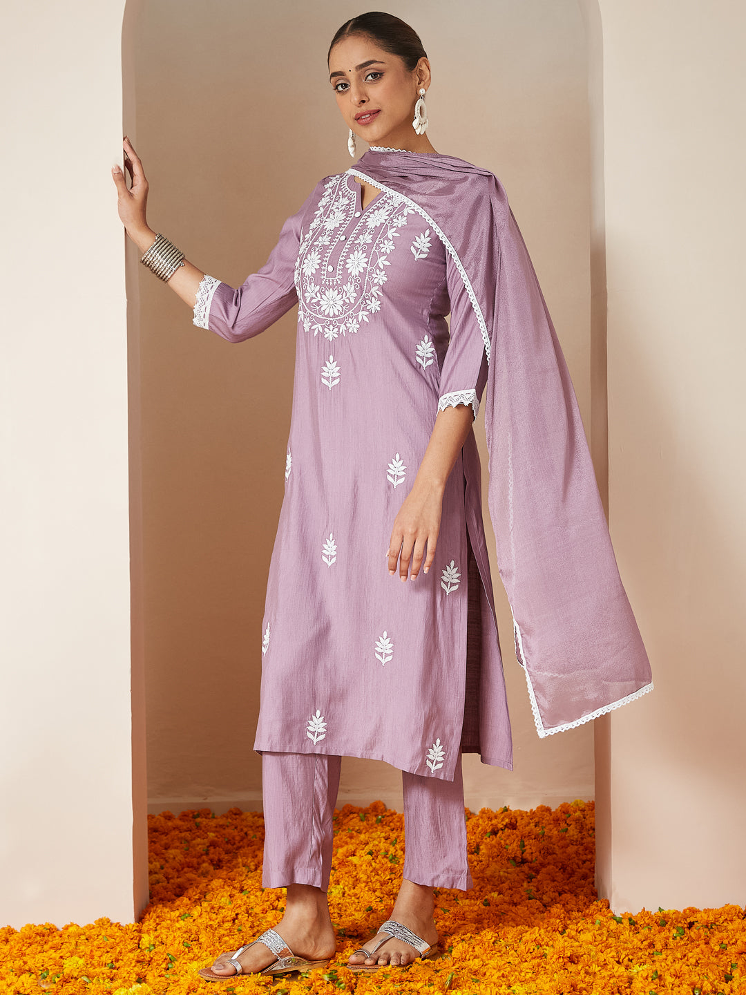 Janasya Women's Lavender Silk Blend Embroidered Straight Kurta Set
