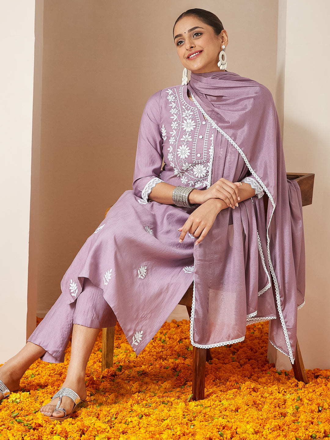 Janasya Women's Lavender Silk Blend Embroidered Straight Kurta Set