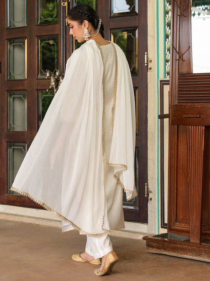 Janasya Women's Off White Chanderi Silk Gold Zari Yoke Embroidered Straight Kurta Set