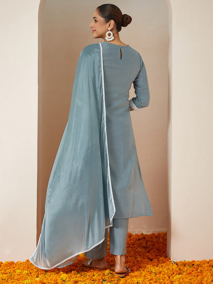 Janasya Women's Powder Blue Silk Blend Embroidered Straight Kurta Set