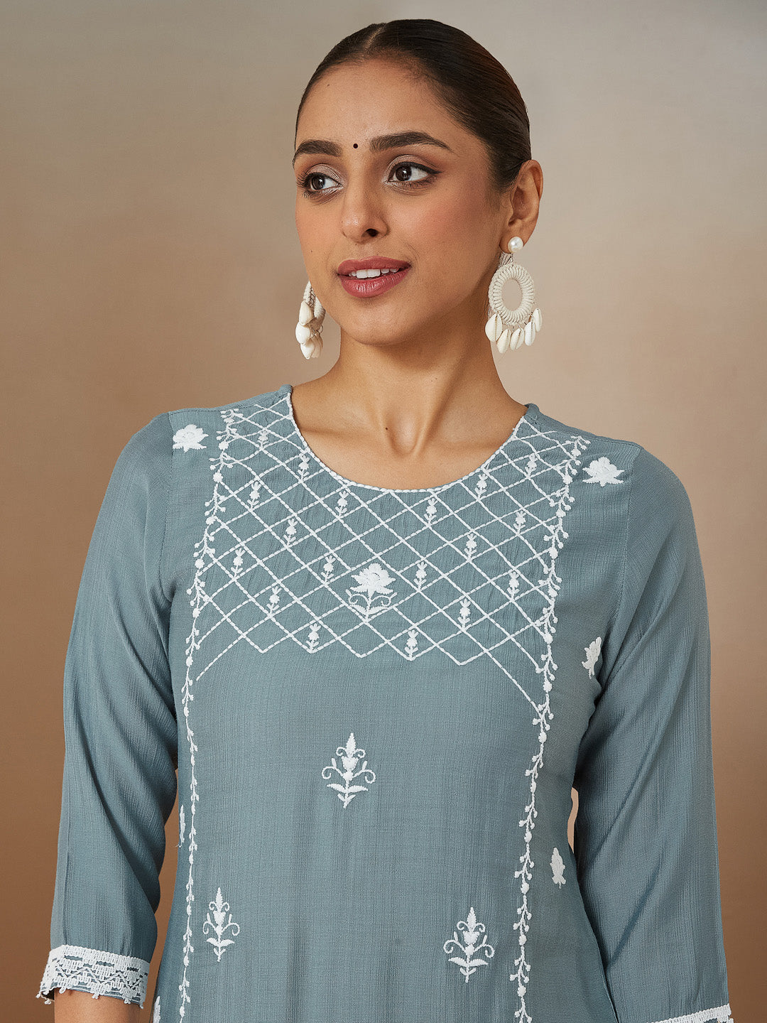 Janasya Women's Powder Blue Silk Blend Embroidered Straight Kurta Set