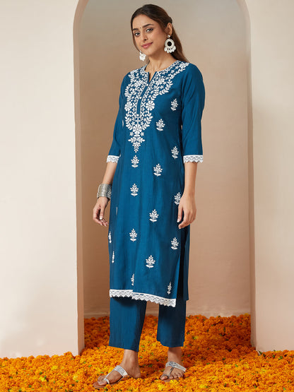 Janasya Women's Teal Blue Silk Blend Embroidered Straight Kurta Set
