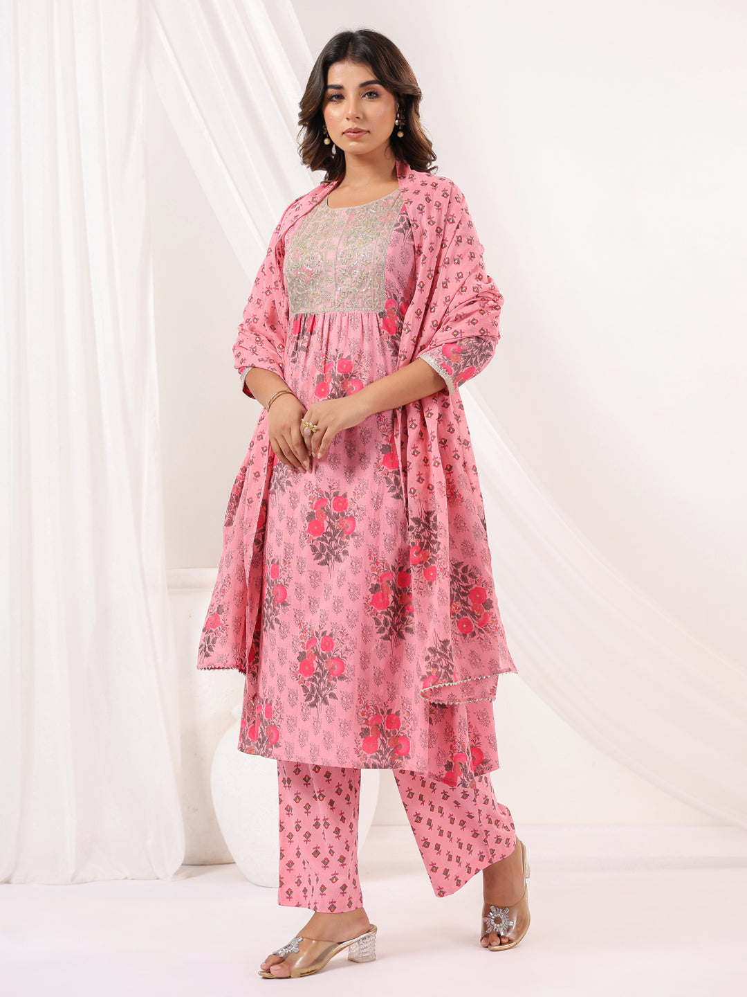 Janasya Women's Pink Pure Cotton Yoke Embroidered Floral Printed A-line Kurta Set
