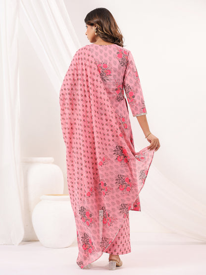 Janasya Women's Pink Pure Cotton Yoke Embroidered Floral Printed A-line Kurta Set