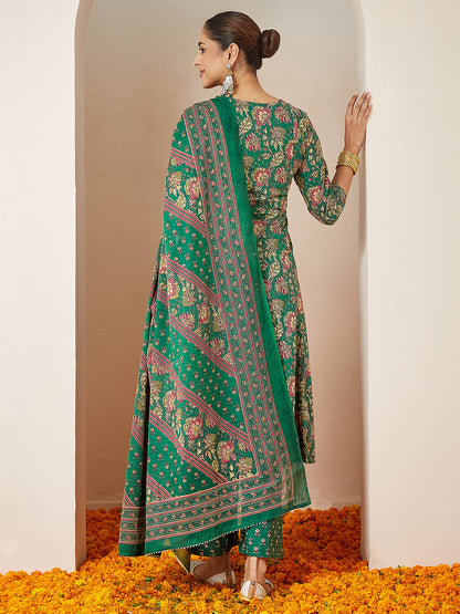 Janasya Women's Dark Green Pure Cotton Floral Printed Yoke Embroidered A-line Kurta Set