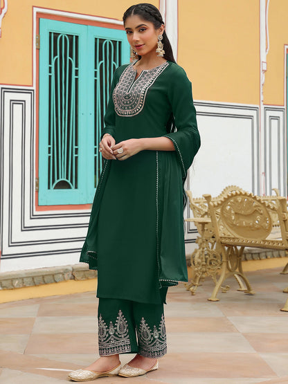 Janasya Women's Dark Green Chanderi Silk Zari Embroidered Straight Kurta Set