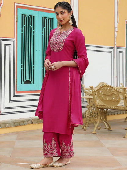 Janasya Women's Pink Chanderi Silk Zari Embroidered Straight Kurta Set