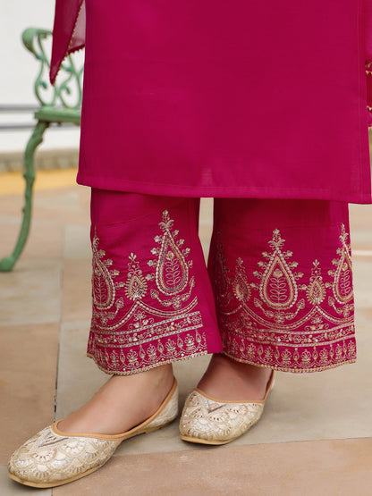 Janasya Women's Pink Chanderi Silk Zari Embroidered Straight Kurta Set