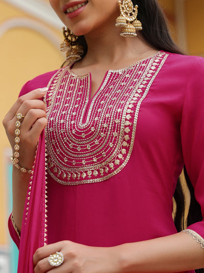 Janasya Women's Pink Chanderi Silk Zari Embroidered Straight Kurta Set