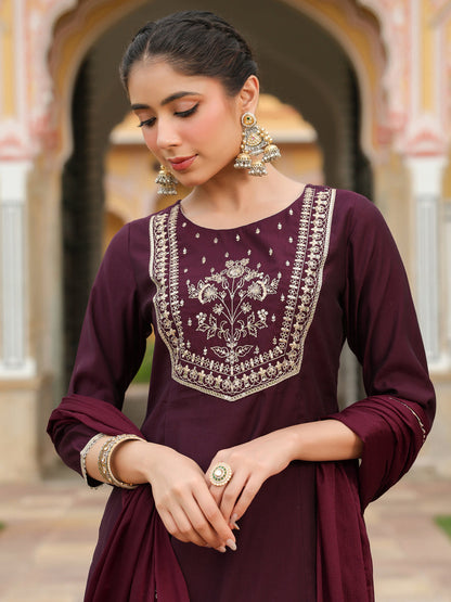 Janasya Women's Wine Chanderi Silk Zari Embroidered A-line Kurta With Palazzo & Dupatta Set