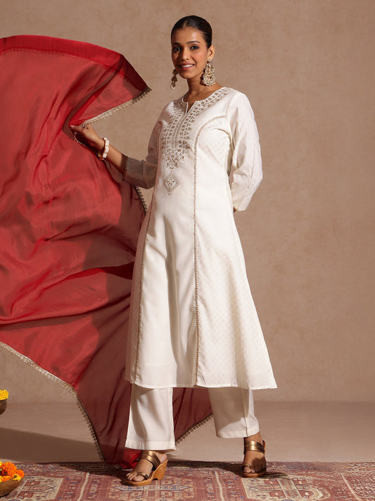 Janasya Women's Off White Chanderi Silk Zari Embroidered Gold Printed A-line Kurta Set