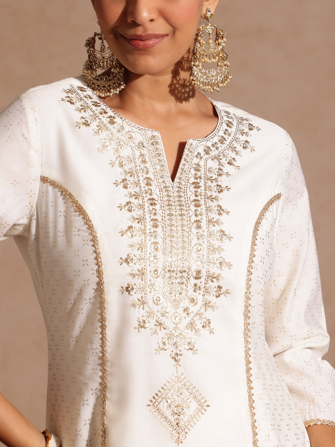 Janasya Women's Off White Chanderi Silk Zari Embroidered Gold Printed A-line Kurta Set