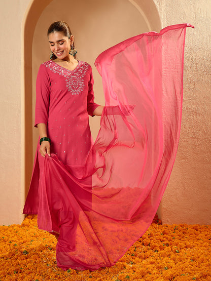 Janasya Women's Pink Rayon Floral Embroidered Straight Kurta Set
