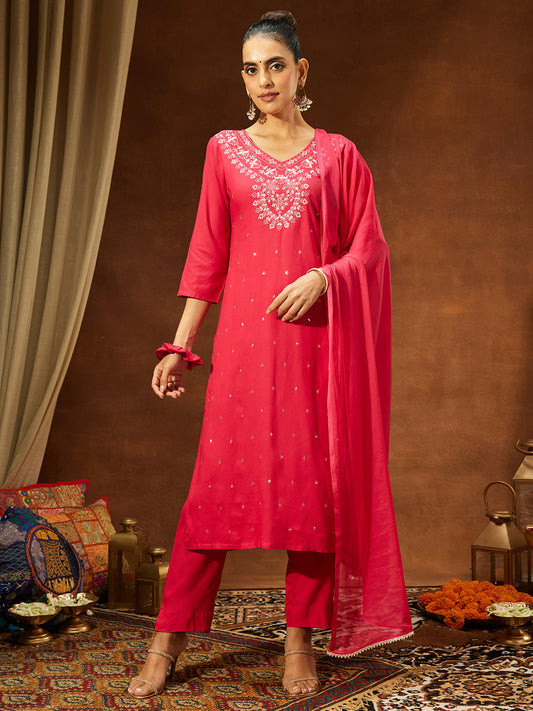 Janasya Women's Pink Rayon Embroidered Straight Kurta Set