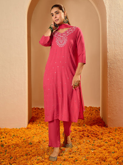 Janasya Women's Pink Rayon Floral Embroidered Straight Kurta Set