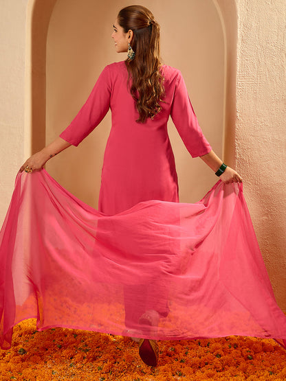 Janasya Women's Pink Rayon Floral Embroidered Straight Kurta Set