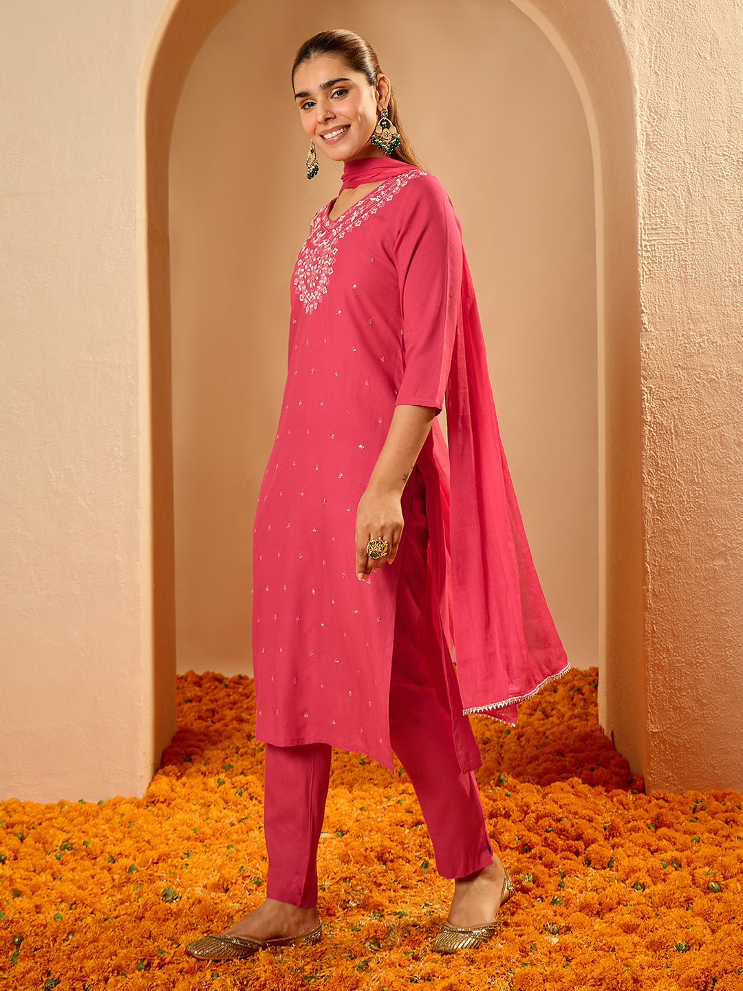 Janasya Women's Pink Rayon Floral Embroidered Straight Kurta Set