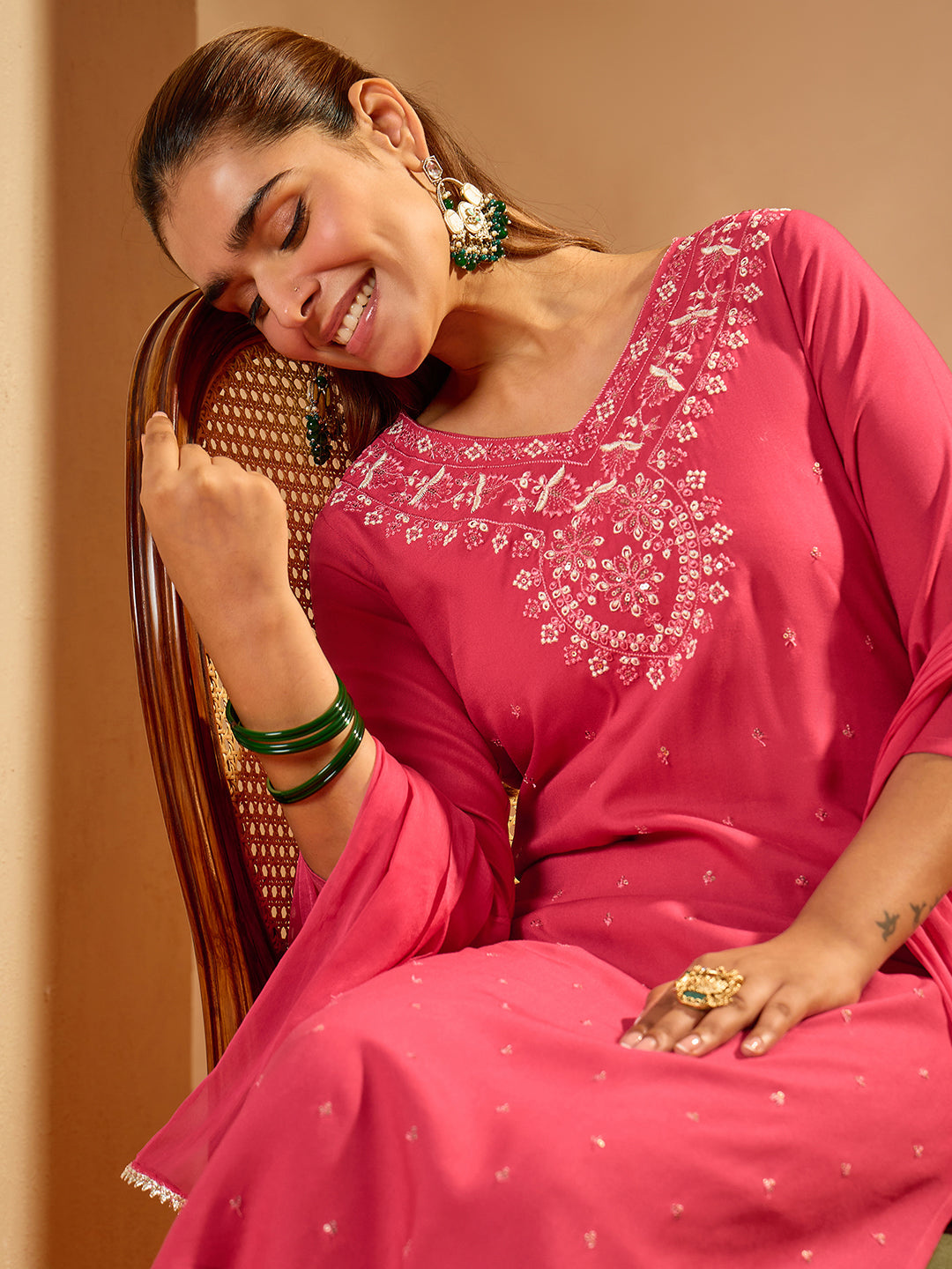 Janasya Women's Pink Rayon Floral Embroidered Straight Kurta Set