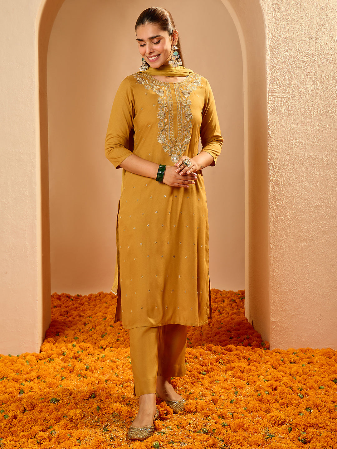 Janasya Women's Mustard Rayon Floral Embroidered Straight Kurta Set
