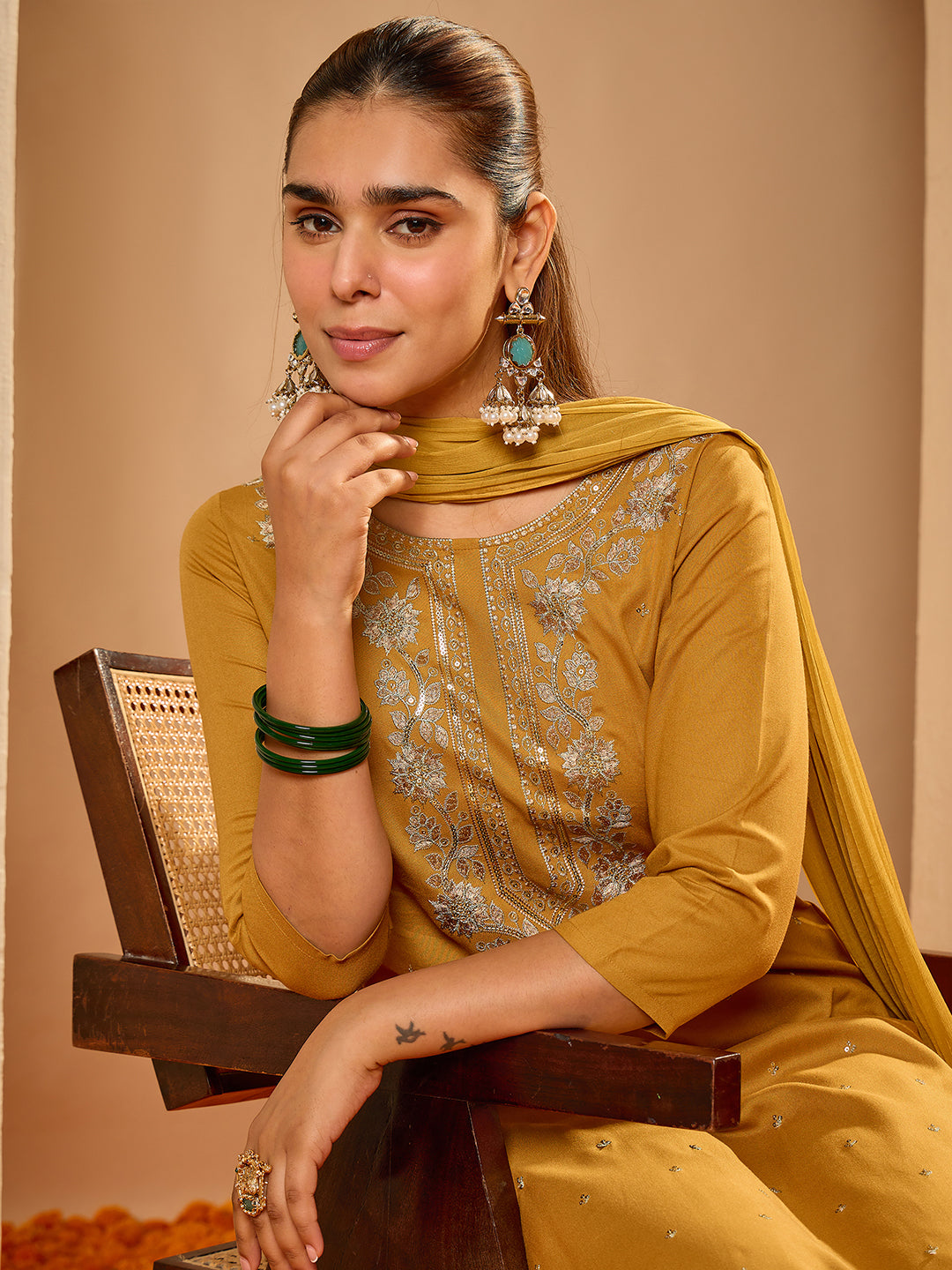 Janasya Women's Mustard Rayon Floral Embroidered Straight Kurta Set