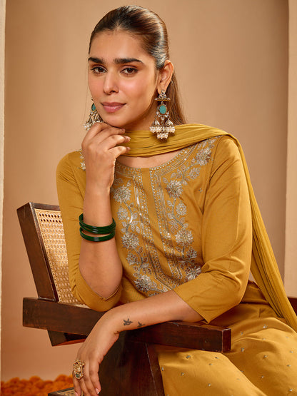 Janasya Women's Mustard Rayon Floral Embroidered Straight Kurta Set