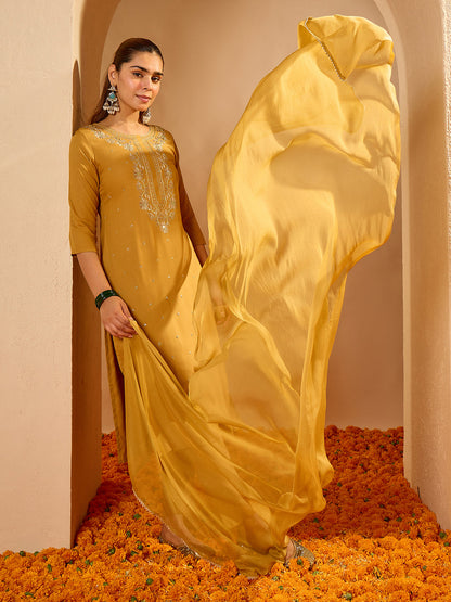 Janasya Women's Mustard Rayon Floral Embroidered Straight Kurta Set
