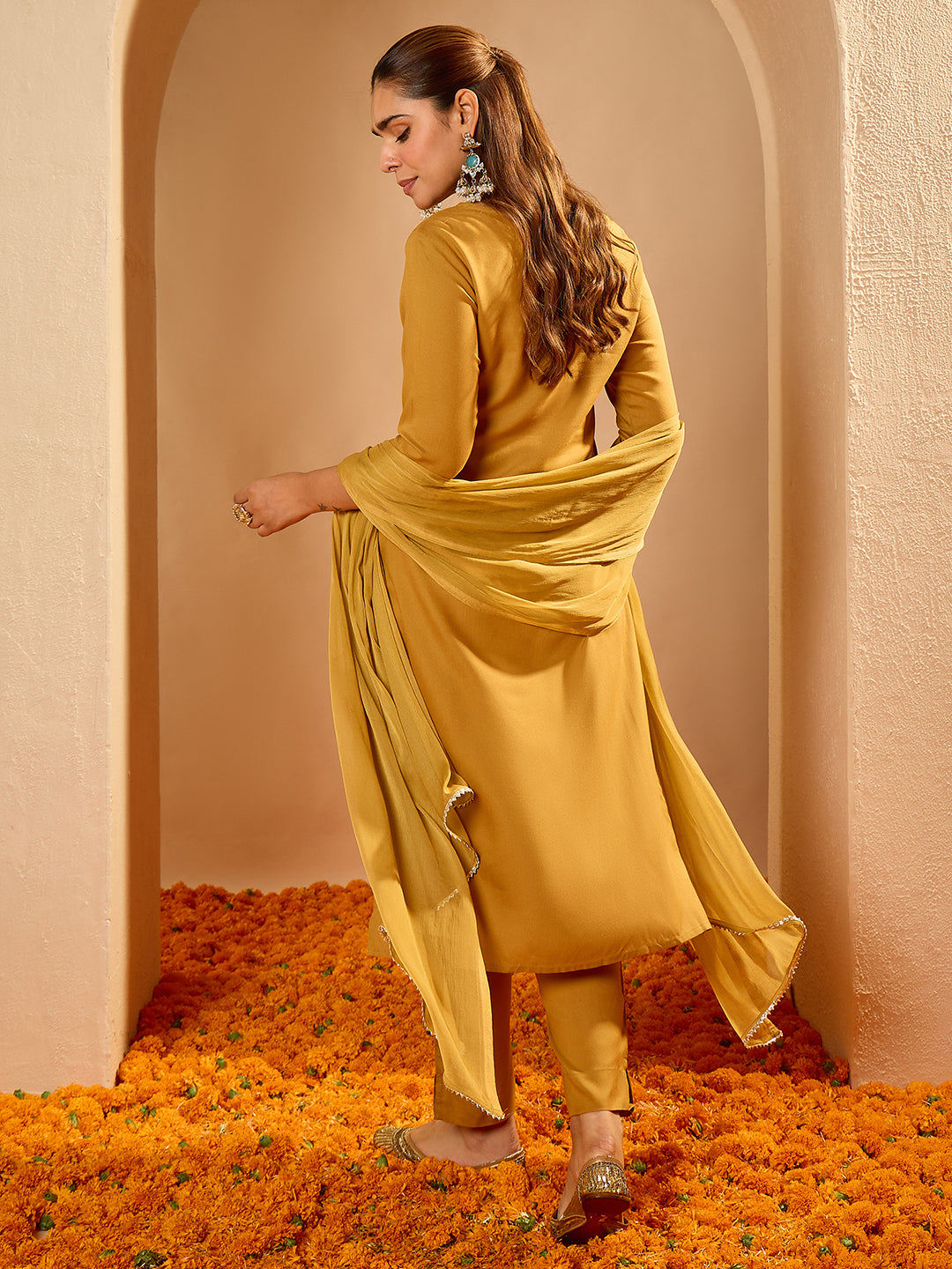Janasya Women's Mustard Rayon Floral Embroidered Straight Kurta Set