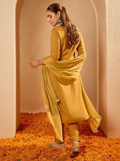 Janasya Women's Mustard Rayon Floral Embroidered Straight Kurta Set