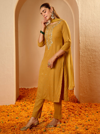 Janasya Women's Mustard Rayon Floral Embroidered Straight Kurta Set