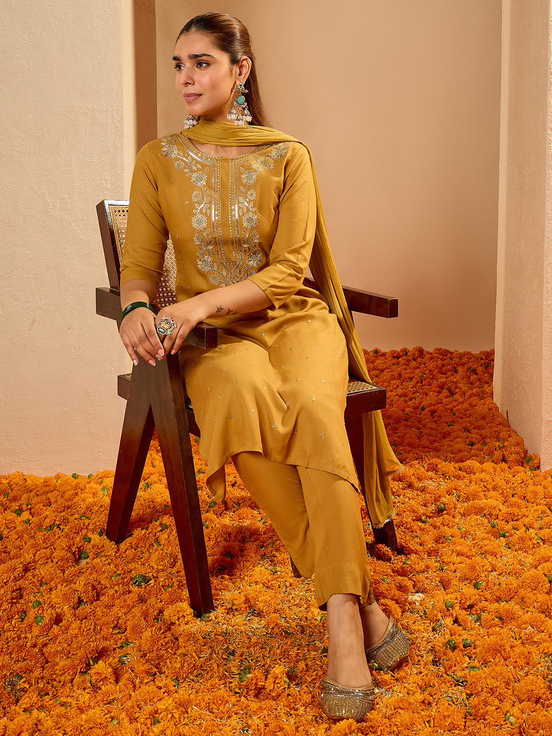 Janasya Women's Mustard Rayon Floral Embroidered Straight Kurta Set