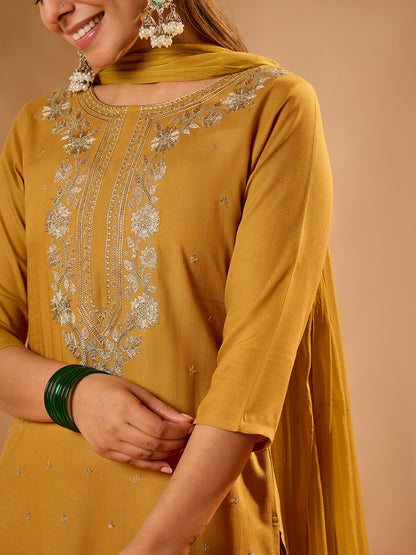 Janasya Women's Mustard Rayon Floral Embroidered Straight Kurta Set