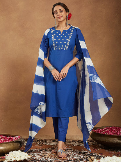 Janasya Women's Blue Pure Cotton Yoke Embroidered Straight Kurta Set