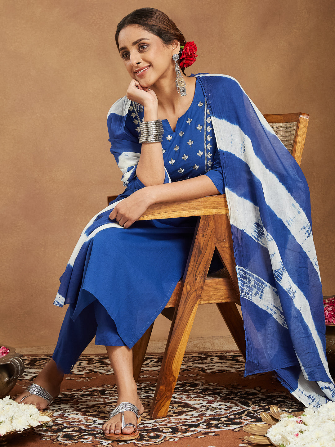 Janasya Women's Blue Pure Cotton Yoke Embroidered Straight Kurta Set