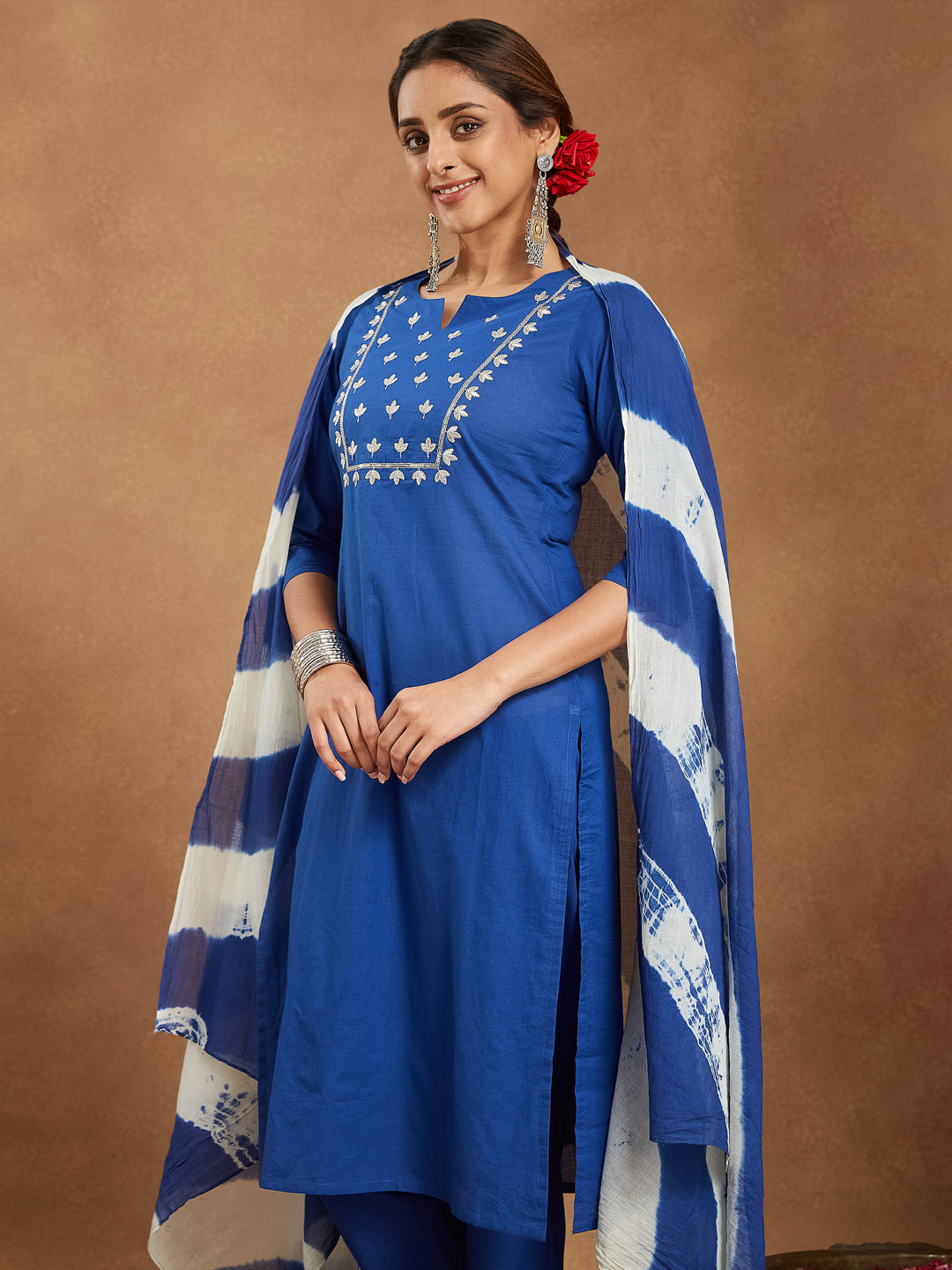 Janasya Women's Blue Pure Cotton Yoke Embroidered Straight Kurta Set