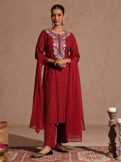 Janasya Women's Maroon Rayon Yoke Embroidered Sequinned Straight Kurta Set With Dupatta