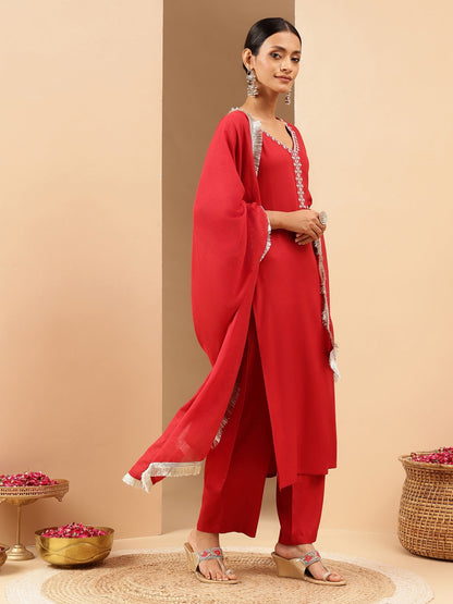 Janasya Women's Maroon Rayon Yoke Embroidered Straight Kurta Set