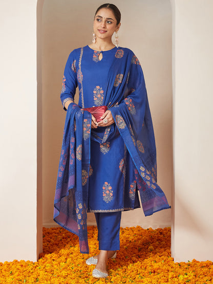 Janasya Women's Royal Blue Rayon Gold Floral Printed Straight Kurta Set