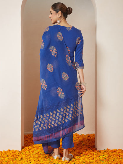 Janasya Women's Royal Blue Rayon Gold Floral Printed Straight Kurta Set