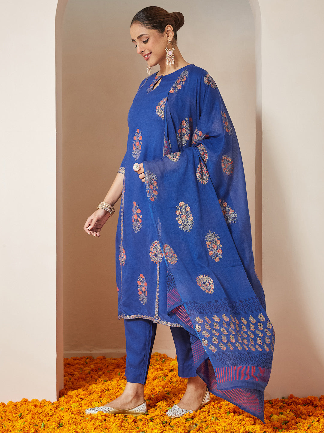 Janasya Women's Royal Blue Rayon Gold Floral Printed Straight Kurta Set
