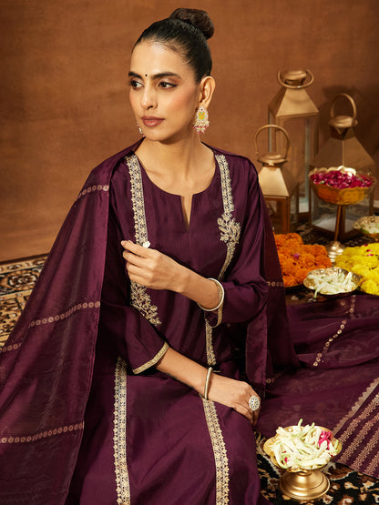 Janasya Women's Wine Chanderi Silk Embroidered Straight Kurta Set