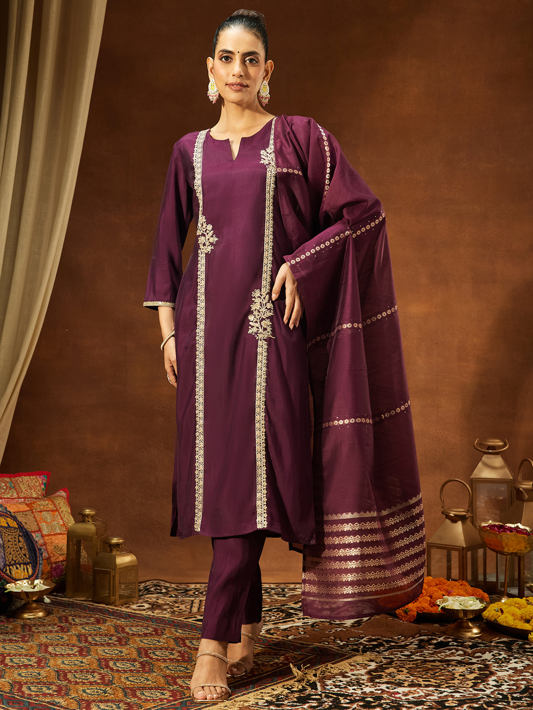 Janasya Women's Wine Chanderi Silk Embroidered Straight Kurta Set