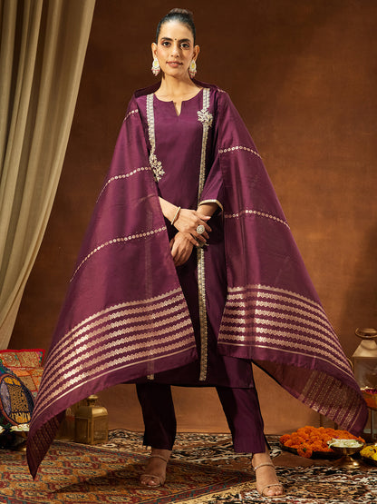 Janasya Women's Wine Chanderi Silk Embroidered Straight Kurta Set