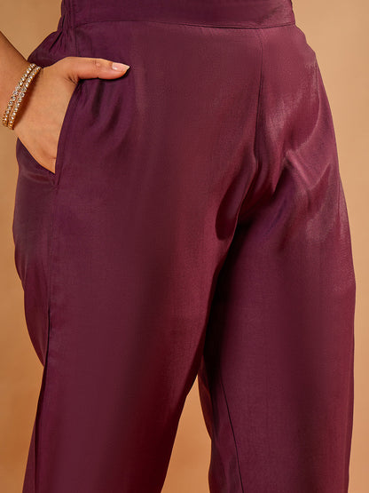 Janasya Women's Wine Chanderi Silk Zari Embroidered Straight Kurta Set