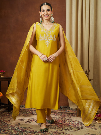 Janasya Women's Mustard Chanderi Silk Zari Embroidered Straight Kurta Pant Set