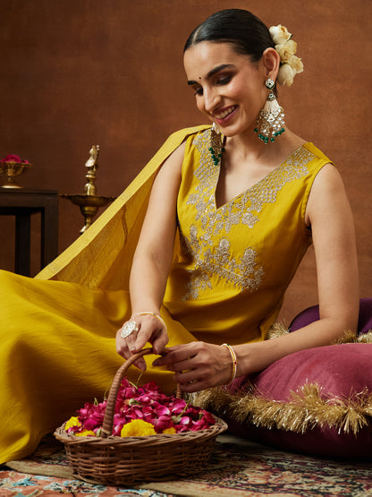 Janasya Women's Mustard Chanderi Silk Zari Embroidered Straight Kurta Pant Set