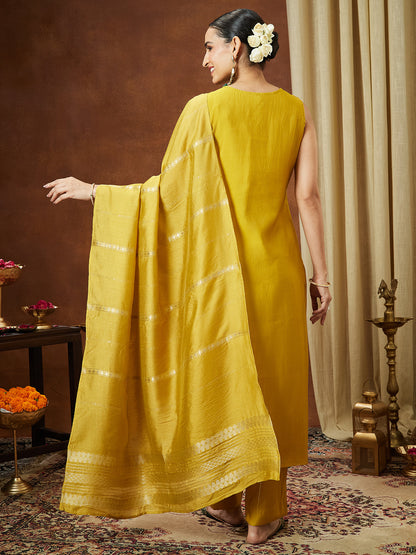 Janasya Women's Mustard Chanderi Silk Zari Embroidered Straight Kurta Pant Set