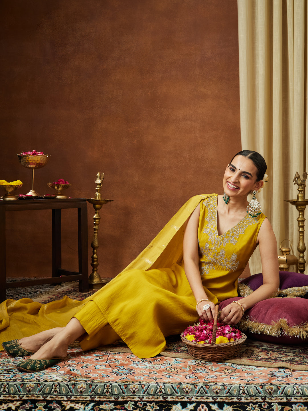 Janasya Women's Mustard Chanderi Silk Zari Embroidered Straight Kurta Pant Set