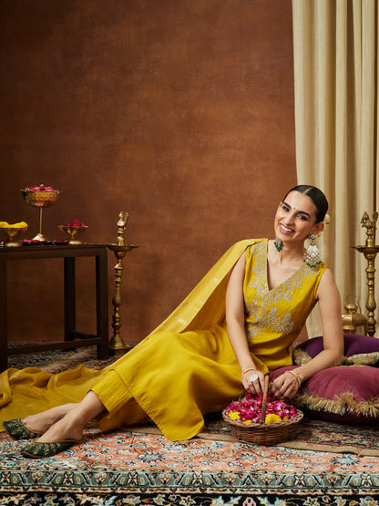 Janasya Women's Mustard Chanderi Silk Zari Embroidered Straight Kurta Pant Set