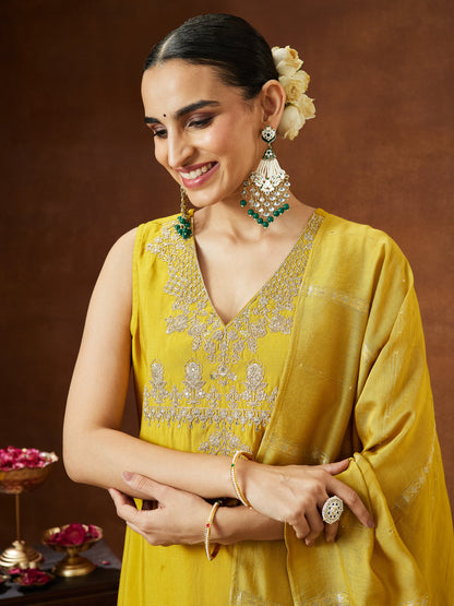 Janasya Women's Mustard Chanderi Silk Zari Embroidered Straight Kurta Pant Set