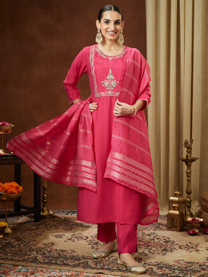 Janasya Women's Pink Chanderi Silk Zari Yoke Embroidered Straight Kurta Set